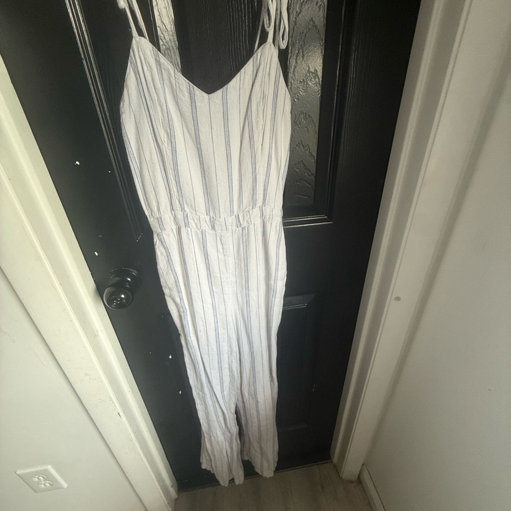 Abercrombie & Fitch White Jumpsuit with Blue Pinstripes